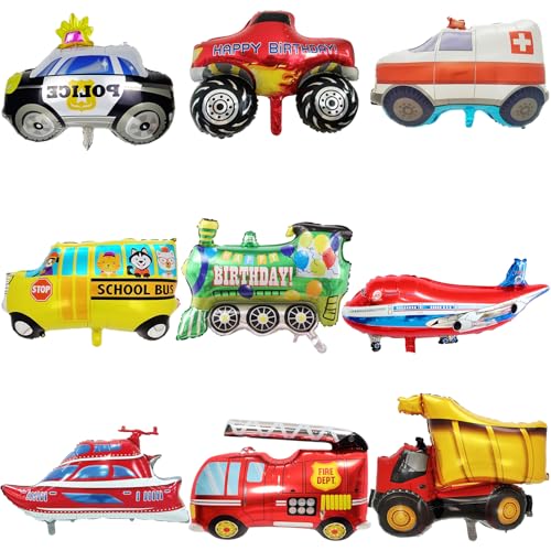 9 peças balões de carro, veículos balões de papel de alumínio, balões grandes em forma de carro, decoração de aniversário com tema de transporte, para crianças decoração de aniversário