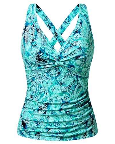 Women Underwire Tankini Top Only - Tummy Control Bathing Suit Top Twist Front Swim Top Criss Cross Back Swimsuit 2025 Green Paisley XL