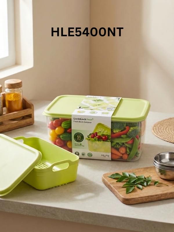 Image of LocknLock Fresh Block 1.5L Vegetable Storage Container with Drain Tray | Airtight Fridge Storage Box with Air Vent System | BPA-Free Fruit & Vegetable Keeper for Refrigerator