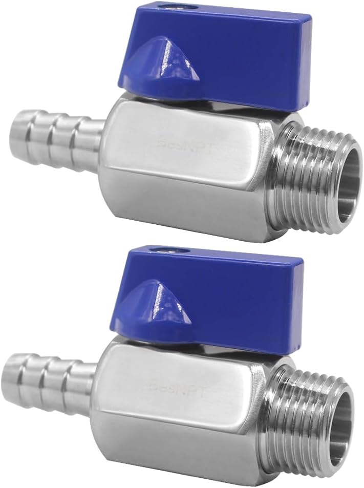 Stainless Steel Shut Off Valve 1/4" NPT Male x 1/4" Hose Barb Ball Valve for Water Fuel Air (Pack of 2)