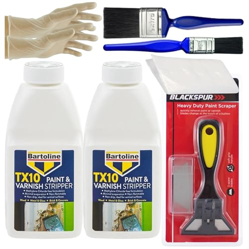 Complete Paint Remover Bundle: 2 x TX10 Paint & Varnish Stripper,Heavy Duty Blackspur Scraper, 1 & 2 Inch Paintbrushes, Rubber Gloves, Dust Sheet, Ideal Paint Stripper for Wood, Metal and Bricks