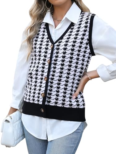 Women's Casual V Neck Sweater Tank Tops Striped Sweater Vest Sleeveless Pullover Button Down Knit Vest Tops