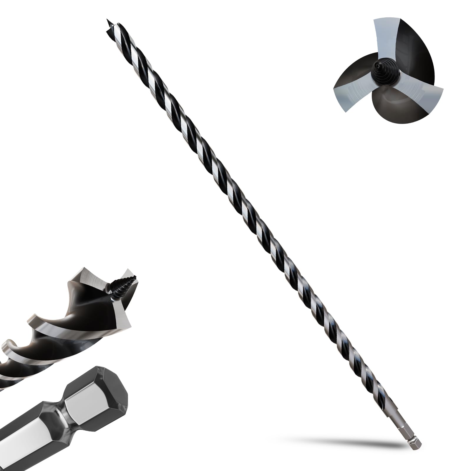 METOTY 18mmx600mm Auger Drill Bit Extra Long Drill Bits,12mm Hex Shank for Wood with Quick Change - 3-Cutter Design with Dual-Flute for Fast Chip Removal, Fits Hardwood, Softwood, PVC, Drywall — image 1