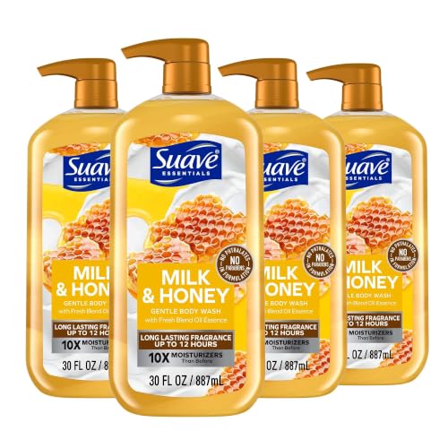 Suave Essentials Gentle Body Wash Milk & Honey With a Sweet Oil Blend Essence Infused with Vitamin E & Honey Extract 30 oz 4 count