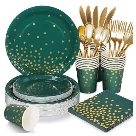 JOYOCEAN Green Plates and Napkins Party Supplies,Green and Gold Decorations for Party,Green Gold Party Supplies for Birthday Graduation Party Decorations