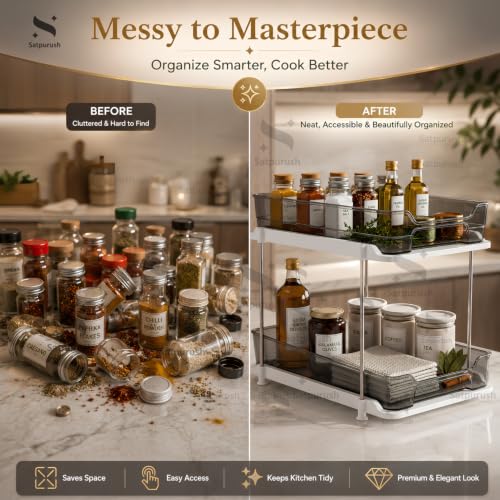 Image of Satpurush 2 Tier Kitchen Organizer Rack for Countertop, Space Saving Multipurpose Organiser with Transparent Trays for Spice Jars, Oil Bottles & Containers, Large + Compact, Smoke Gray