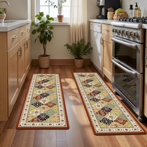 CHICNOOK Vintage Boho Oriental PVC Kitchen Rugs, Set of 2, Muted Terracotta