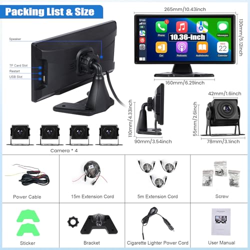 Image of 1080P 4K RV Backup Camera System Portable Wireless Apple Carplay /Android Auto Mirror Link Smart Player 10.36 inch Touchscreen Reverse Monitor DVR Loop Recording 4 Split Screen Bluetooth USB TF