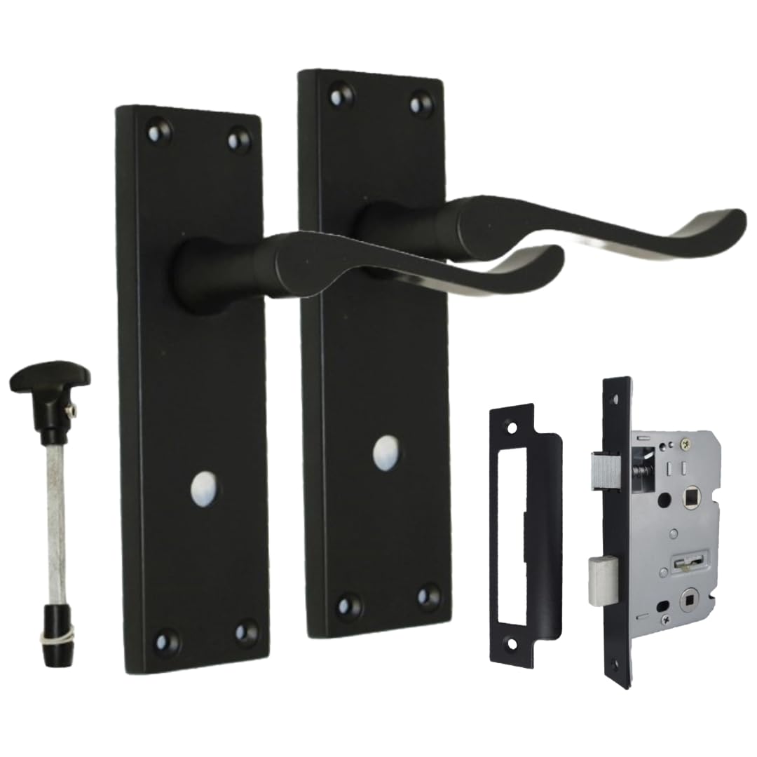 Epsom Door Handle Black Victorian Style Matt Bathroom Door Handle Set – Includes Privacy Turn & Bathroom Sash Lock – Internal Lever On Backplate – 1 Pair