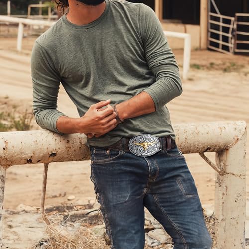 Image of SANSTHS Genuine Leather Cowboy Belts for Men Western Belt Buckle for Jeans | 1.5 inch Embossed Belt, Texas Longhorns Belt Buckle, Classic Western Style, for Cowboy, Cowgirl, Rodeos, Costume Party, Gifts