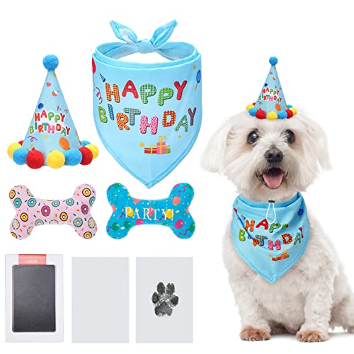 Hunde-Geburtstags-Bandana, Quietschendes Plüschtier, Hut und Stempelkissen-Set, 5 Packungen Junge Hund Party Zubehör - Interaktives Quietschendes Plüschspielzeug für Welpen, kleine, mittelgroße Hunde Cover