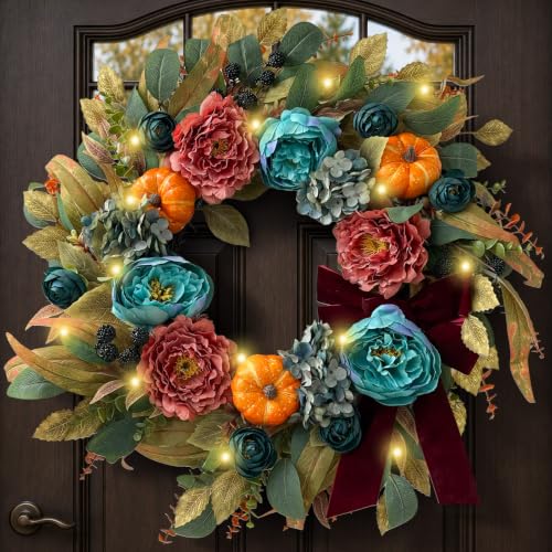 24 Inch Fall Wreaths for Front Door, Autumn Wreath with Light & Timer