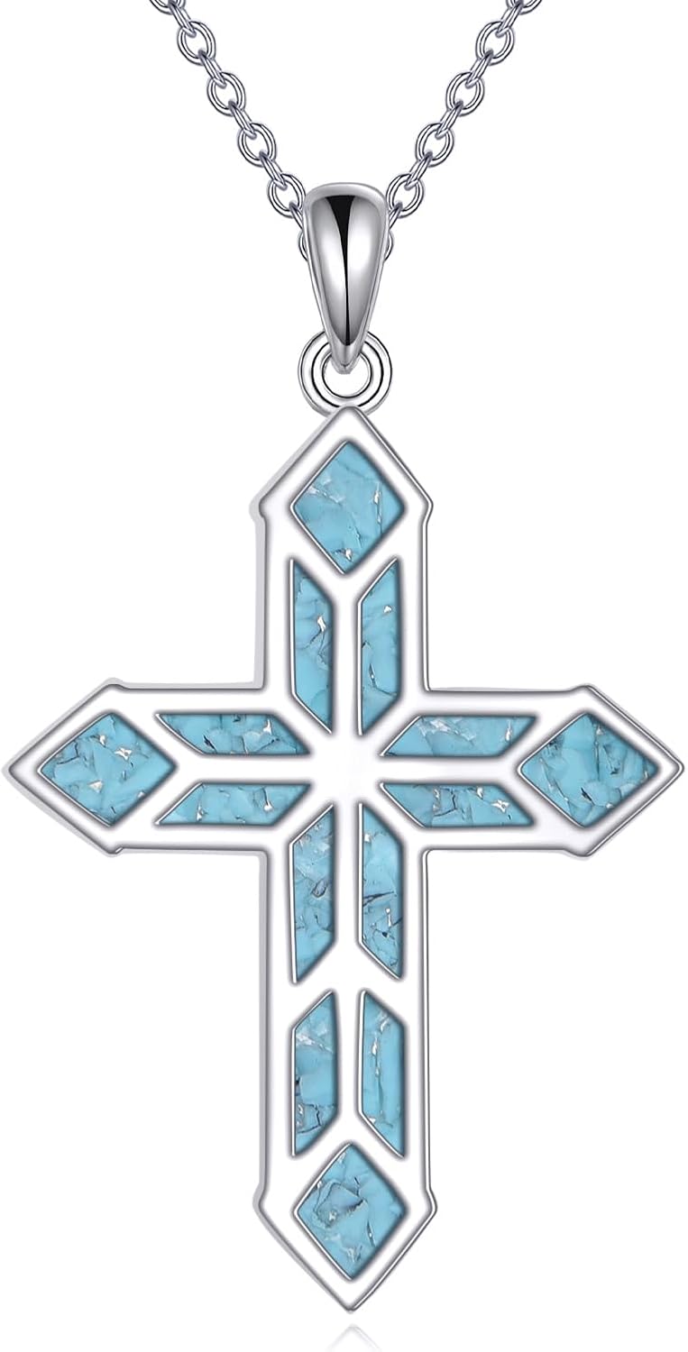 Turquoise Cross Necklace S925 Sterling Silver Butterfly/Hummingbird/Mountain/Geometric Cross Pendant Necklaces Christian Jewelry for Women Female Religion Gift