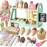 Eisdiele Kinder Holz, Kaufmannsladen Zubehör mit Kaufmannsladen Kaufladen Zubehör Spielgeld Einkaufsladen, EIS Spielzeug Rollenspiel Geschenk für Mädchen Junge Kinder 3 4 5 6 Jahre