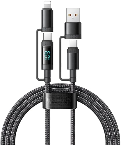 60W 4-in-1 Braided Fast Charging Cable Type C with USB-A & Lightning Adapters, LED Display Multi-Device Charger Cable