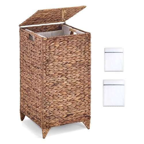 LGENHOOM Handwoven Laundry Hamper with Lid, Natural Hyacinth Heightened Feet Laundry Basket, Wicker Clothes Hamper with Removable Liner Bag for Clothes and Towels