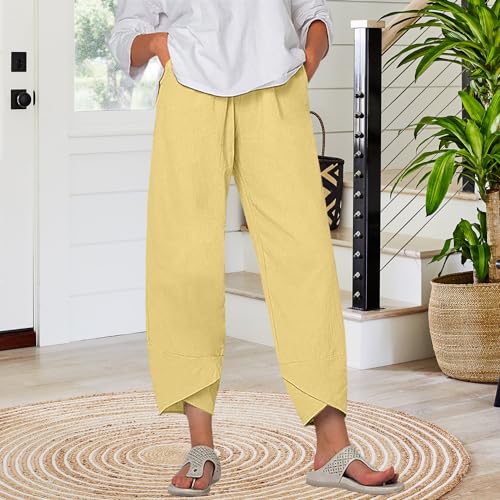 Womens Cotton Linen Capri Pants Summer Elastic High Waisted Cropped Pants Beach Lounge Trousers Pants with Pockets3