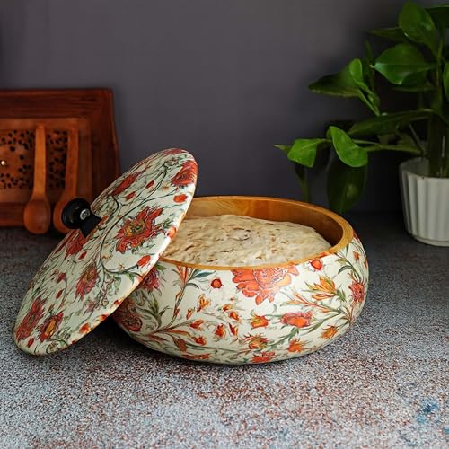 Image of HandmadeWood Roti Box with Lid | Enamel-coated Chapati Box for Serving & Storage | Wooden Hot Pot Casserole Dabba for Bread, Snacks, and Roti (22.5W) 22.5L 12.5H, Floral