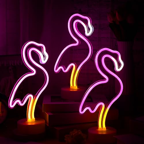 Image of Liliful 3 Pcs Flamingo Neon Lights Sign LED Pink Flamingo Lamps Decor Battery /USB Powered Neon Lights with Pedestal for Bedroom Decor Tropical & Hawaiian Party Birthday Gifts