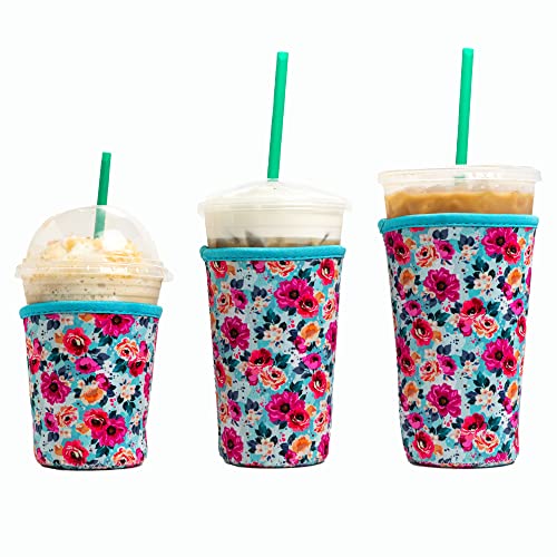 Baxendale Iced Coffee Sleeves for Cold Drink Cups - 3 Pack Reusable Neoprene Iced Coffee Cup Sleeve for Cold Drinks, Compatible with Starbucks Dunkin and more (3 PK S/M/L, Blue Floral)
