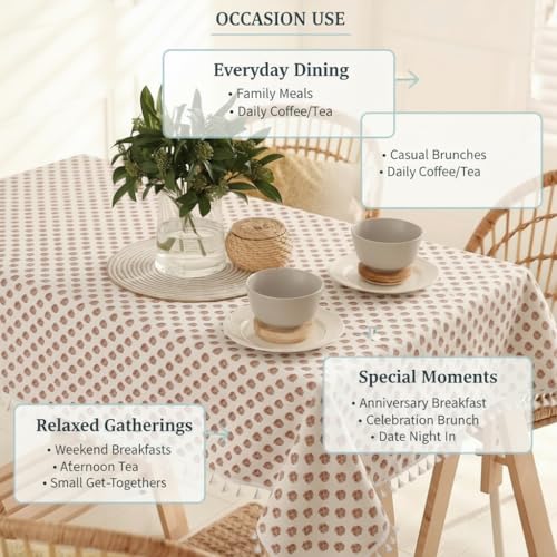 Image of Amazon Brand - Umi Premium Microfiber Cotton Table Cloth for 6-Seater Dining Table, 60 x 90 Inch Rectangular Printed Dining Table Cover with Tassels, Washable, Reusable,Pack of 1