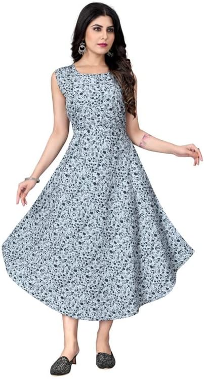 Kashish Trend'z Women's Fit & Flare Midi Dress, Western Dress for Women, Sleeveless Pattern, Girl's A-Line Dress, One Piece Dress, Knee-Length Dresses for Women Dress, Printed Dress Santorini Blue_l
