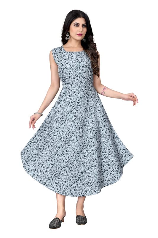 Kashish Trend'z Women's Fit & Flare Midi Dress, Western Dress for Women, Sleeveless Pattern, Girl's A-Line Dress, One Piece Dress, Knee-Length Dresses for Women Dress, Printed Dress Santorini Blue_l