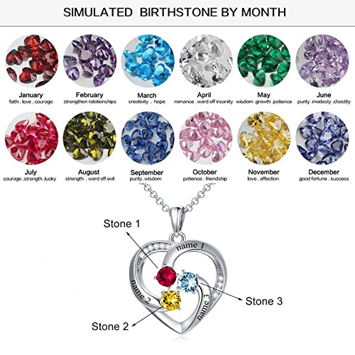 Custom Name Birthstone Necklace for Mom Sterling Silver Personalized Heart Name Necklaces for Women with 3 Birthstones Mother's Jewelry Gift for Mother's Day4