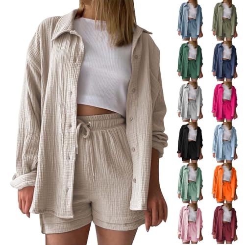 Musselin Bluse Damen Langarm Elegant Baumwolle Hemdbluse Tunika Sommer Oberteile Casual Longbluse Einfarbig Blusen Lässig Oberteil Oversized Leinenbluse Mit Tasche Und Knopfleiste Khaki M