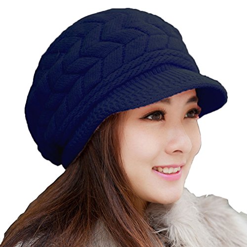Hindawi Womens Winter Hat Warm Knit Wool Ski Snow Caps With Visor Navy #TOP5