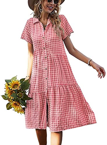 Image of Lazutom Women's Summer Beach Dress Midi Long Gingham Dress Button Down Shirt Dress (14, Pink)