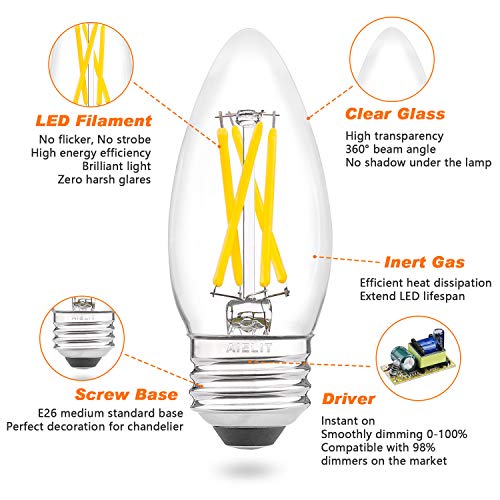 Aielit E26 Led Candelabra Bulb 40 Watt Equivalent Dimmable, Bright White 5000K, 4W Daylight B11 Led Filament Light Bulb For Chandelier, Ceiling Fan, Pendant Lights, 4-Pack #TOP3