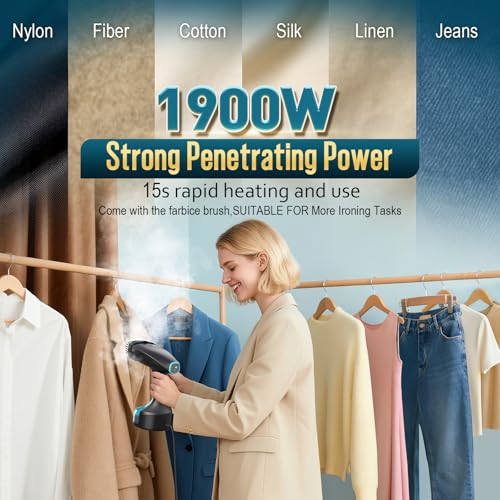 Steamer for Clothes, 1900W Strong Penetrating Steam Portable Handheld Garment Steamer Clothes Steamer with 3 Steam Settings, Fabric Brush, 300ml Big Capacity, Travel Steamers Iron Safe Removes Wrinkle - Thumbnail 6