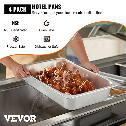 VEVOR 4 Pack Stainless Steel Full Size Hotel Pans with Lids – 3.7" Deep, 0.8mm Thick Anti-Jam Commercial Food Pans for Steam Tables, Restaurants & Catering, 20.8" x 13" x 3.7" by VEVOR - Image 2