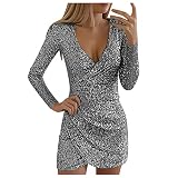 Graceyo Pailletten Kleider Knielang, Damen Kurz Glitzerkleid Langarm V-Ausschnitt Glänzende Kleider Sexy Partykleid Cocktailkleid Bodycon Enges Party Minikleid Wickelkleid Festkleid, Grau, 3XL