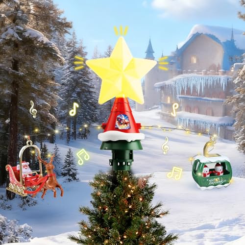 HERMORRYSS Punta Rotante per Albero di Natale, Decorazioni Natalizie con Accessori: Slitta Natalizia e Ruota Panoramica, Decorazione Rotante per Cima Albero Festivo con Luci, Musica e Strisce luminose