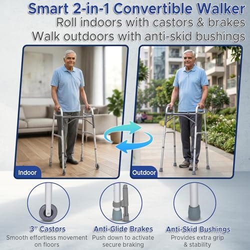 Image of Kosmocare Deluxe Folding Walker With Added Accessories - 3 inch Castors And Auto-Glide Brakes - Silver