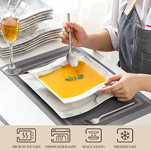 Malacasa Square Plate Set, 12-Piece Marble Plates And Bowls Sets For 6, Porcelain Dish Set With Dinner Plates And Pasta Bowls, Modern Dinnerware Sets, Kitchen Plate Bowl Set, Series Flora #TOP3