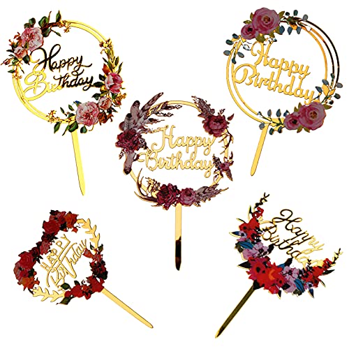 Tortenaufsätze mit Blume, aus Acryl, glitzernd, für Geburtstagsparty, Jahrestag, Kuchen, Gebäck, Dekoration, 5 Stück Cover
