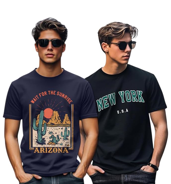 Image of Veirdo 100% Pure Cotton Regular Fit Cool & Trendy Front Printed Half Sleeve T-Shirt Combo for Men (Available Colors: Black, Navy, Swanwhite, White & Green)