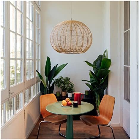 1-Light Pendant Lighting Rattan Hanging Light Weaving Natural Wooden Ceiling Light Wicker Chandelier with Adjustable Cord for Dining Room Living Room