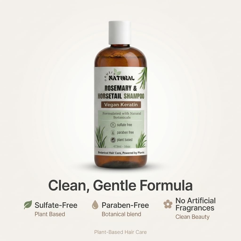 Rosemary & Horsetail Shampoo – Vegan Keratin Botanical Hair Cleanser, Sulfate Free Plant Based Formula with Essential Oils, Panthenol & Vegan Proteins – 16 oz