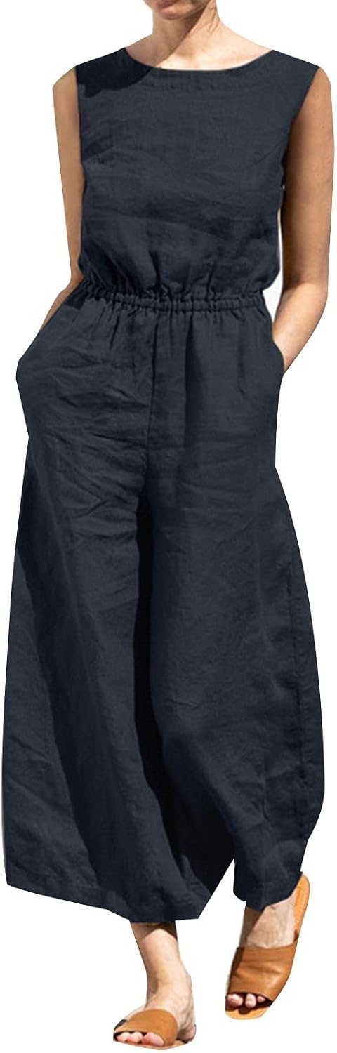 Linen Jumpsuits Pants Rompers for Women Solid V Neck Belt Overalls Elegant Short Sleeve One Piece Romper with Pockets