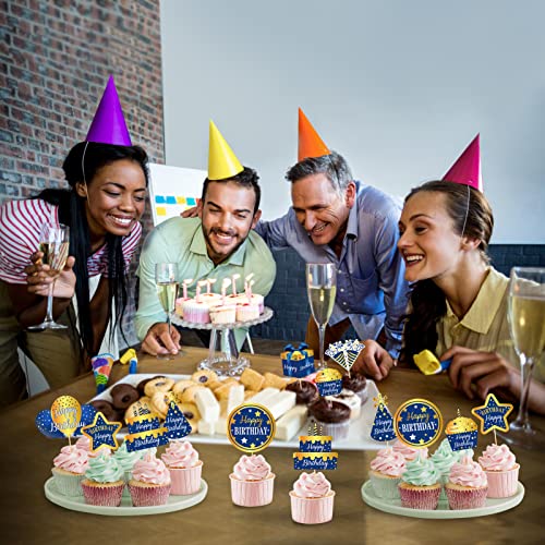 48Pcs Happy Birthday Cake Toppers Decorations For Boys Men, Blue Gold Birthday Cupcake Toppers Sign Decor, 16Th 21St 30Th 40Th 50Th 60Th 70Th Bday Cupcake Picks Party Supplies #TOP5