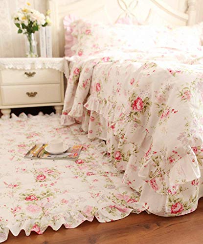 Fadfay Princess Bedding Cotton 600 Tc Girls Floral Duvet Cover Bulgaria Rose & Green Leaves Printed Bedskirt 18'' Dust Ruffle Comforter Cover Set Hidden Zipper Closure?Twin 4-Pieces #TOP1
