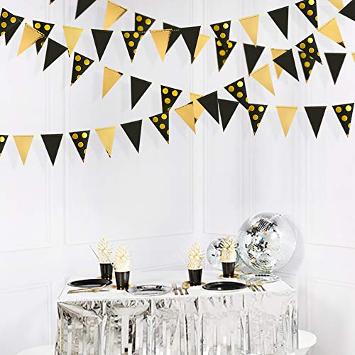 Image of 30Ft Black Gold Party Decorations Polka Dot Pennant Banner Paper Circle Dot Triangle Flags Bunting Garland for Wedding Bridal Shower Birthday Bachelorette Engagement Anniversary Holiday Party Supplies