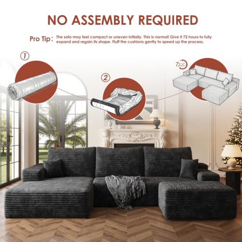 Image of Boneless Couch, Modular Sectional Couches for Living Room, U-Shaped Cloud Couch Sofa with Deep Seat, Fluffy Corduroy Upholstered Corner Sofa