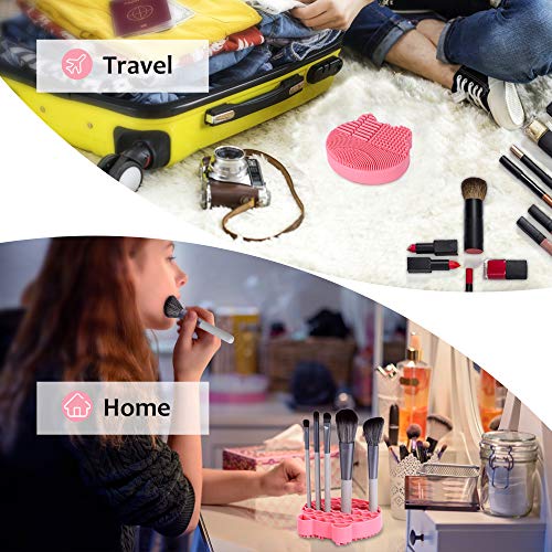 Silicone Makeup Brush Cleaner Mat, 2 in 1Brush Cleaning Mat,Brush Cleaner Pad with Brushes Drying Holder, Brush Scrubber Mat Portable Washing Tool with Removal Sponge Dry Makeup (Pink)