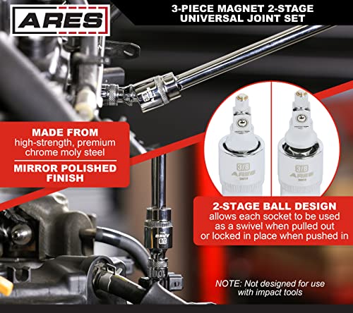 Image of ARES 36006-3-Piece Magnetic 2-Stage Universal Joint Set - 2-Stage Design Changes Socket from Swivel to Fixed Position - 1 /4-Inch, 3 /8-Inch, and 1 /2-Inch Drive - Magnet Tips for Use with Bolts