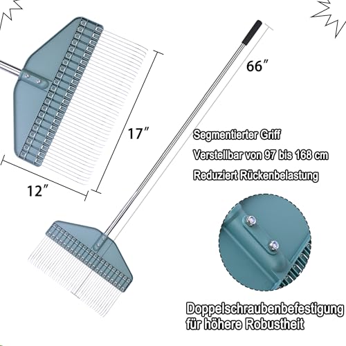 YEELOR Rasenrechen mit 66 Zoll verstellbarem Stiel, 17 Zoll breiter langlebiger Rasenrechen, ideal für Garten, Hof und Rasen, zum Entfernen von Stroh, Kiefernnadeln, Kletten und Eicheln